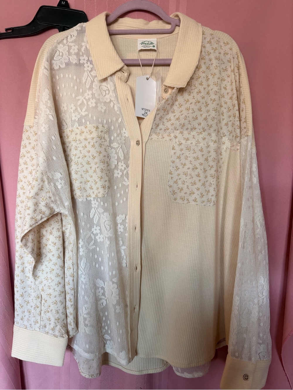 Vintage-Inspired Cream Lace & Knit Button-Up Blouse